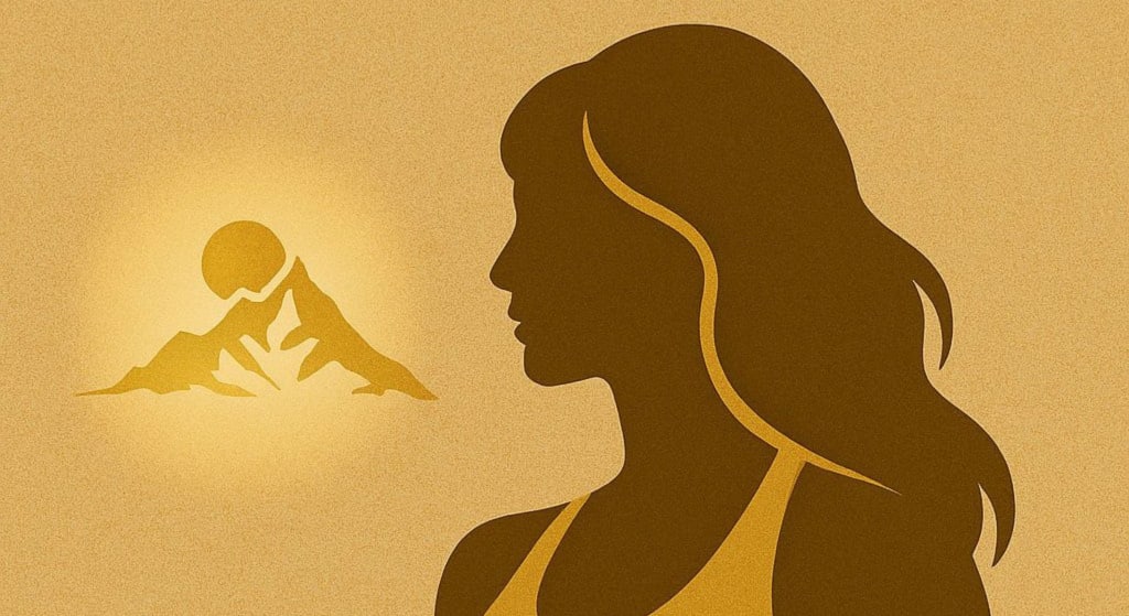 A stylized silhouette of a woman in profile appears beside a simple illustration of a mountain with the sun behind it, all in earthy brown and beige tones.